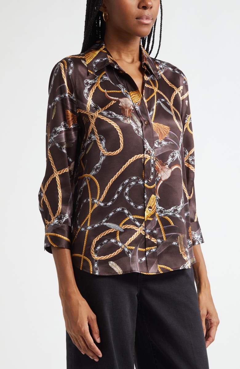 L'AGENCE Dani Western Chain Print Silk Button-Up Shirt, Alternate, color, Brown Multi Chain