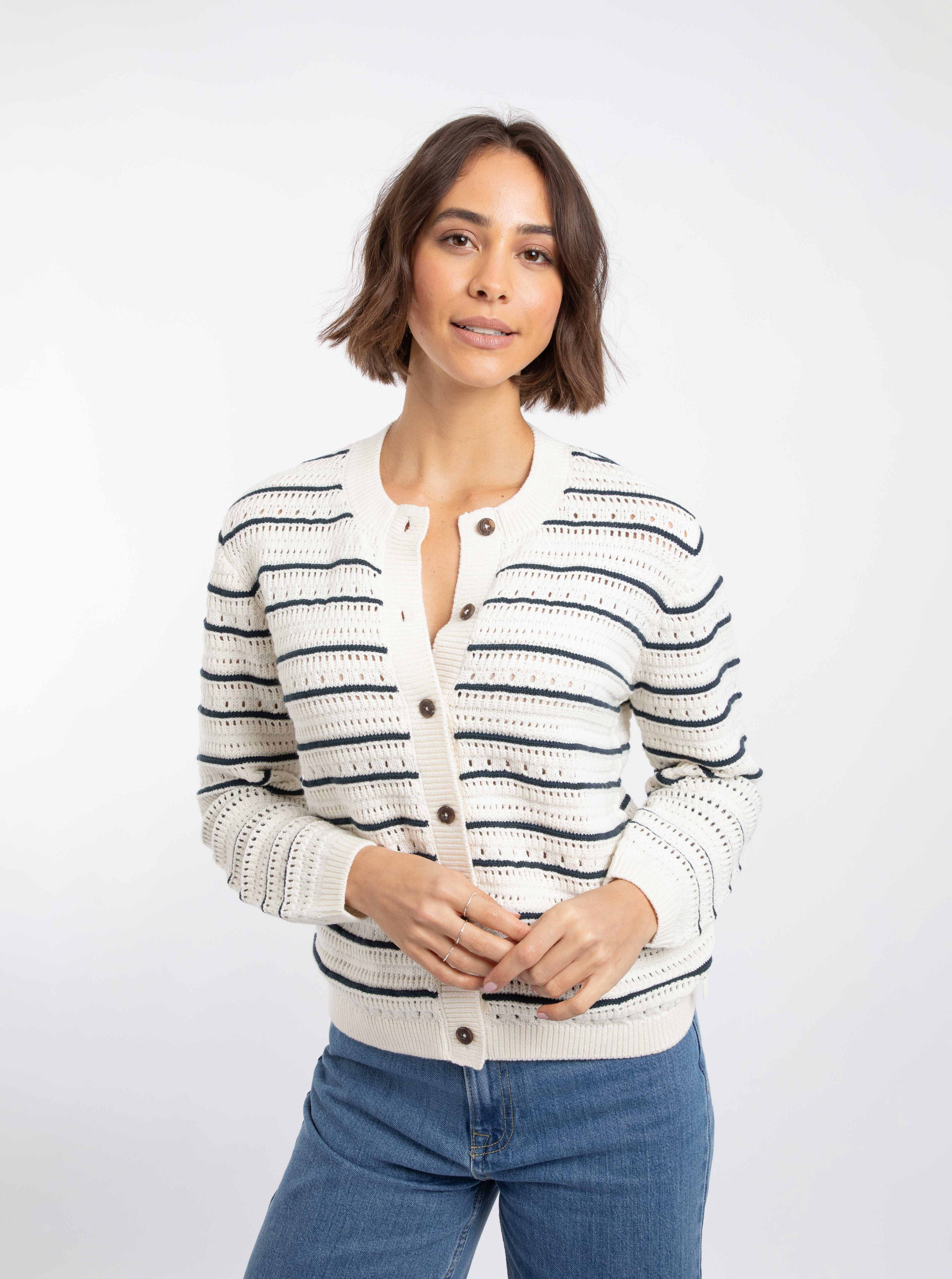 Weird Fish Romilly Pointelle Striped Cardigan In Multi