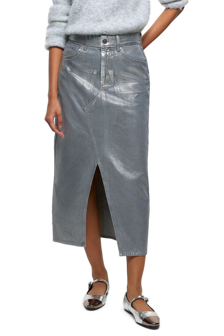 Metallic Coated Cotton Denim Midi Skirt, Main, color, GREY