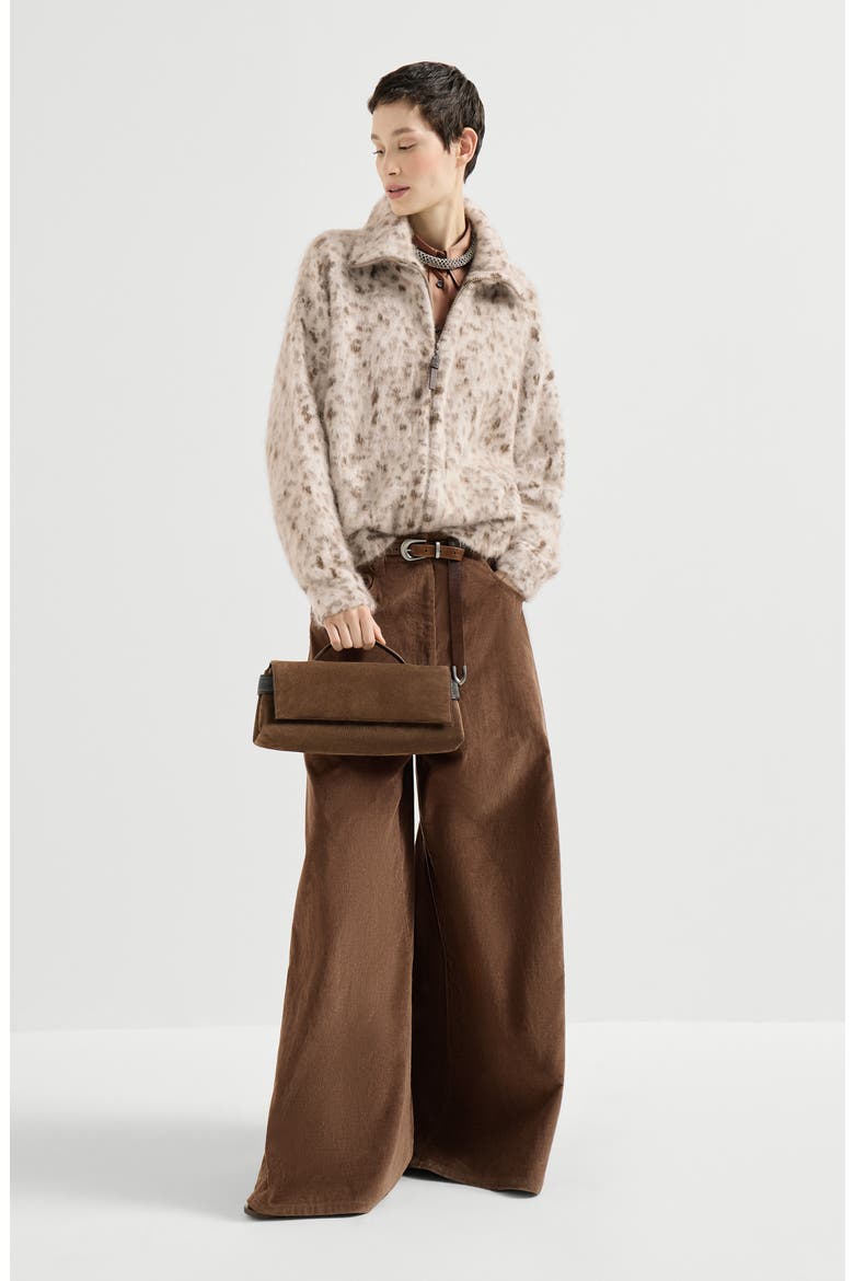 Lynx jacquard cardigan in mohair and wool with shiny zipper pull, Alternate, color, Buff