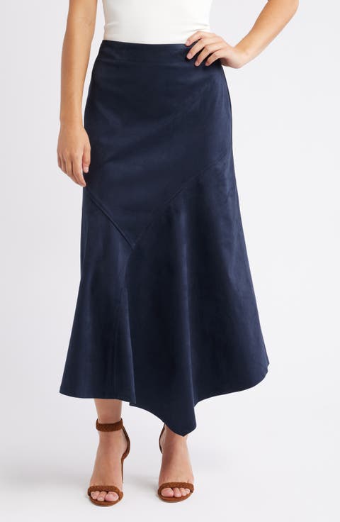 Asymmetrical Hem Faux Suede Midi Skirt
