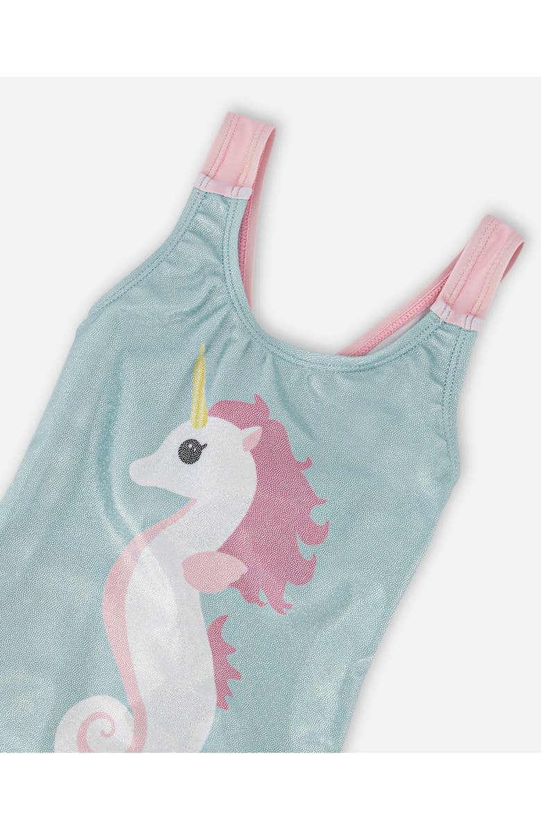 Deux par Deux One-Piece Crossed Straps Graphic Swimsuit, Alternate, color, Aqua