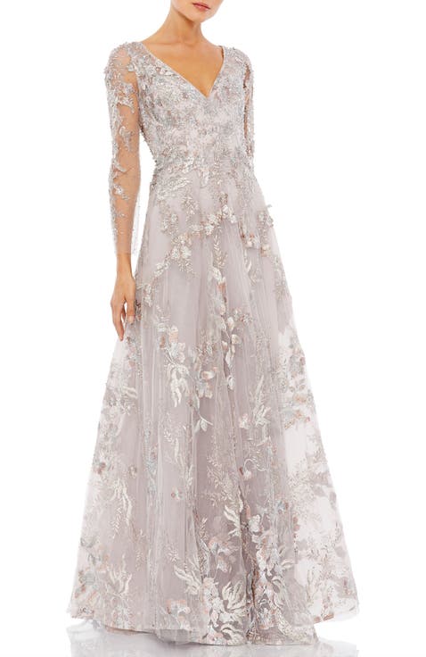 Appliqued Illusion Long Sleeve A Line Gown