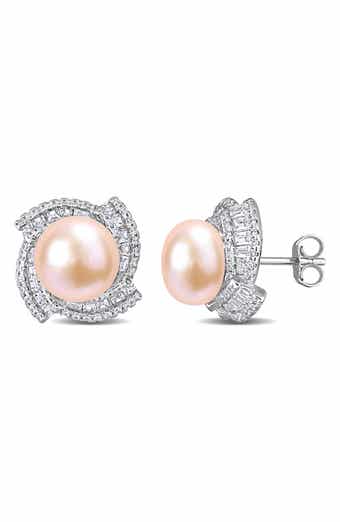 DELMAR Sterling Silver 9-9.5mm Pink Cultured Freshwater Pearl Stud Earrings