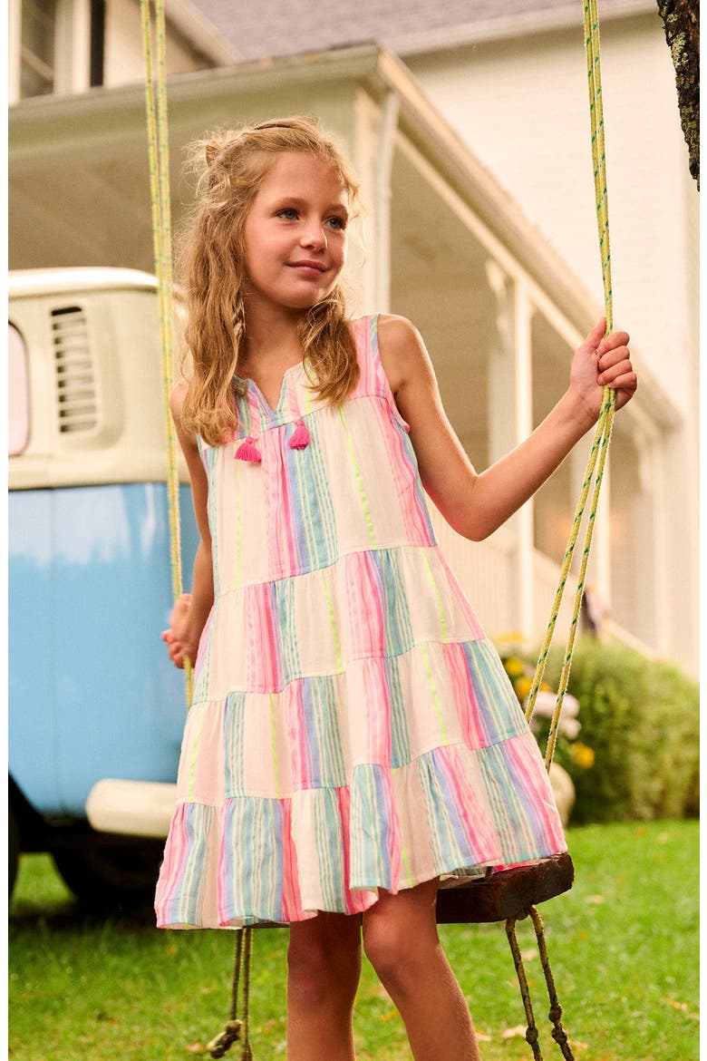 Kids' Neon Stripes Sleeveless Tiered Dress, Alternate, color, WHITE