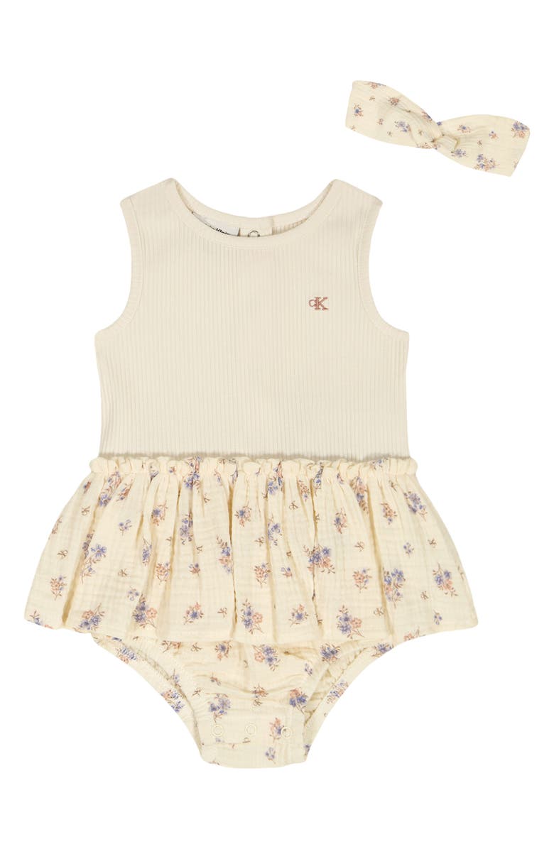 Calvin Klein Floral Skirted Bodysuit & Headband Set, Main, color, 