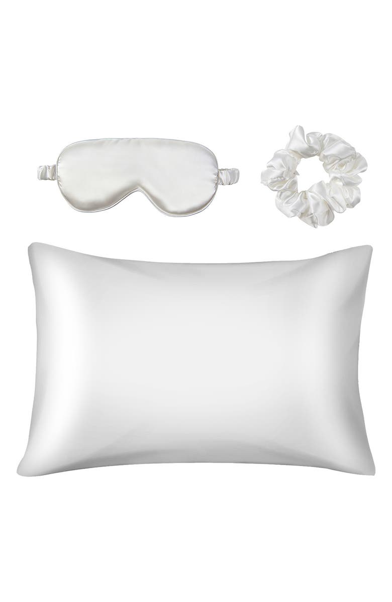 GLAMPTON Satin Pillowcase, Scrunchi & Mask Set, Alternate, color, White
