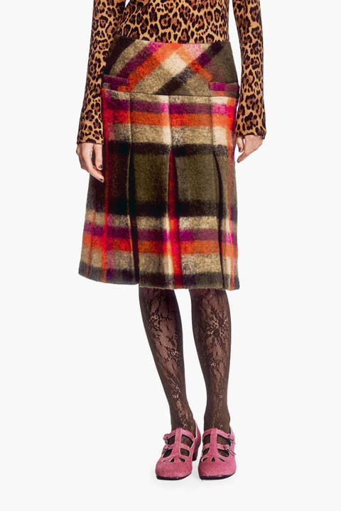 Brushed Wool Plaid Pleated Skirt