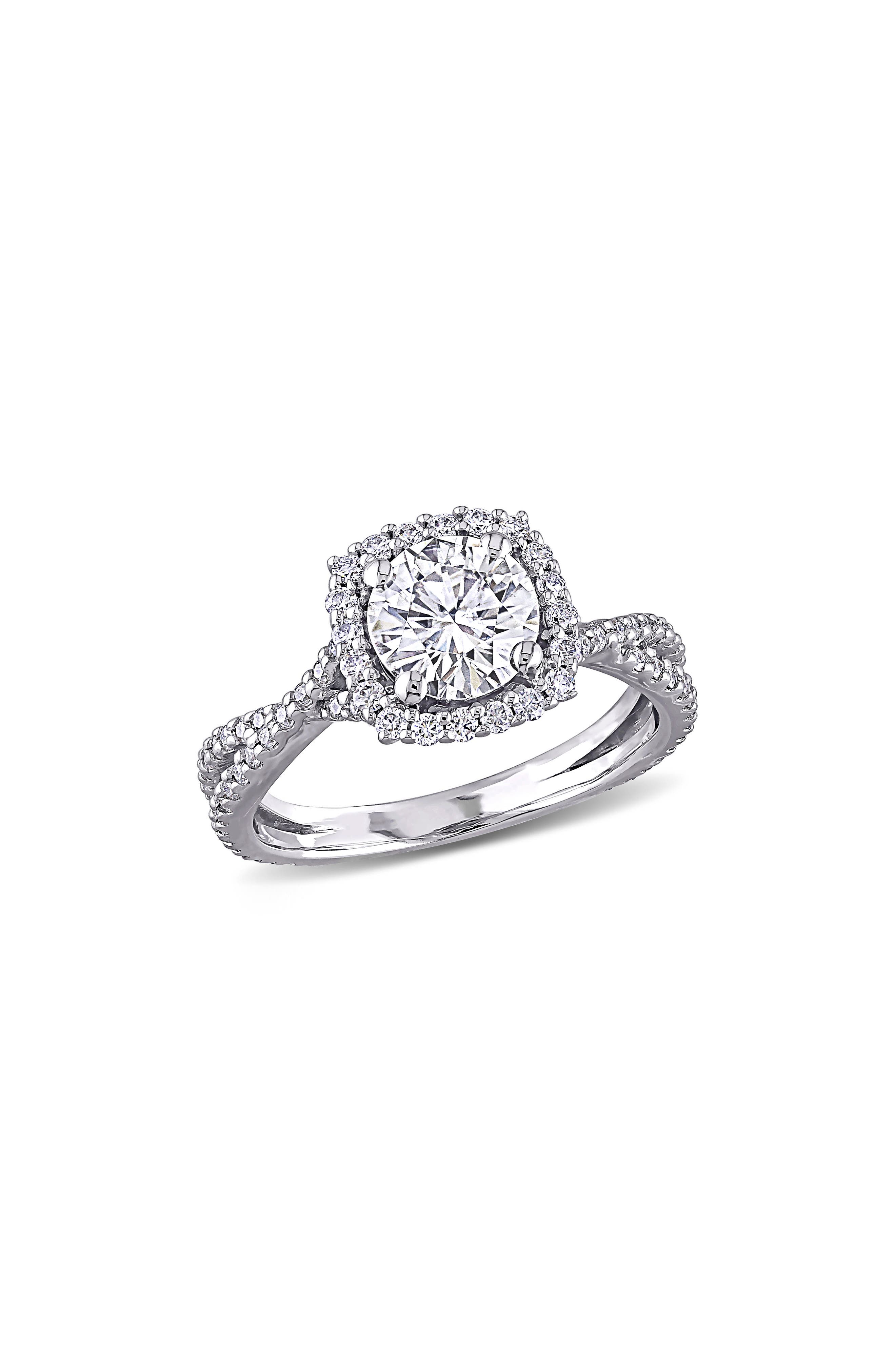 DELMAR 10K White Gold Lab Created Moissanite Halo Ring