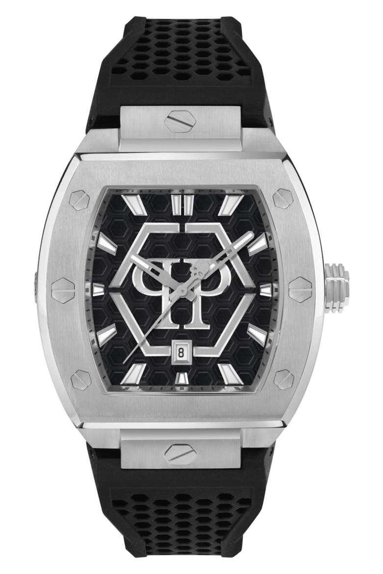 The Hexagon Phantom Silicone Strap Watch, 44mm, Main, color, STAINLESS STEEL