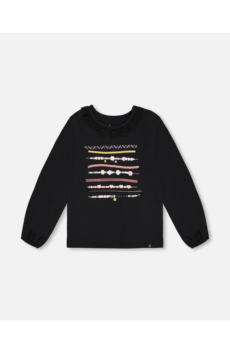 Deux par Deux Girl's Print T-Shirt With Lace Black, Main, color, 