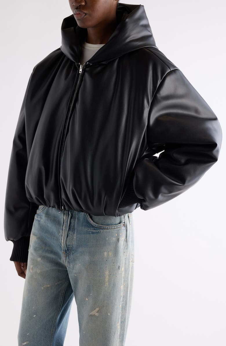 Acne Studios Offy Faux Leather Hooded Bomber Jacket, Alternate, color, Black
