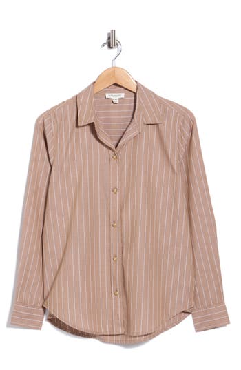 Beachlunchlounge Bentley Stripe Long Sleeve Cotton Button-up Shirt In Cocoa Latte