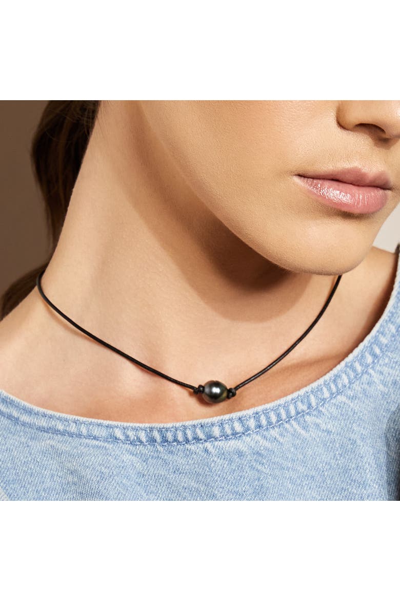 Tahitian Baroque Pearl Leather Necklace, Alternate, color, Black Pearl