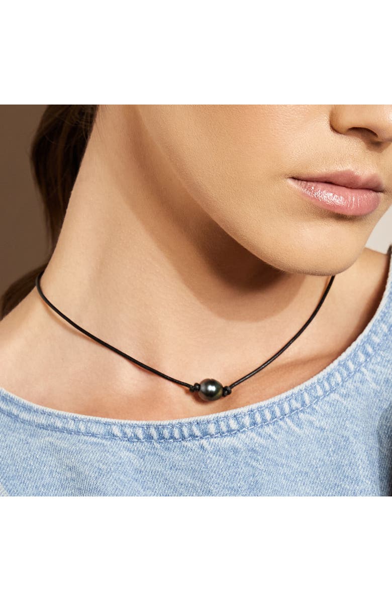 The Pearl Source Tahitian Baroque Pearl Leather Necklace, Alternate, color, Black Pearl