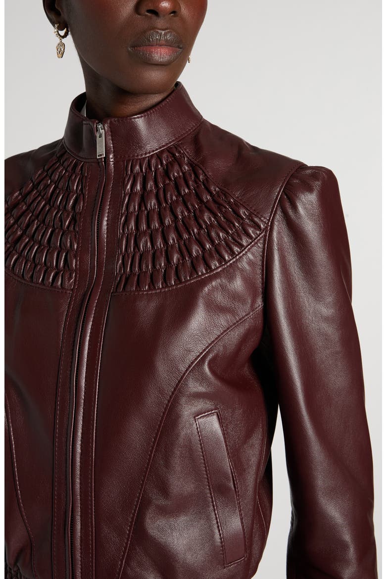 Smocked Lambskin Leather Bomber Jacket, Alternate, color, LACQUER
