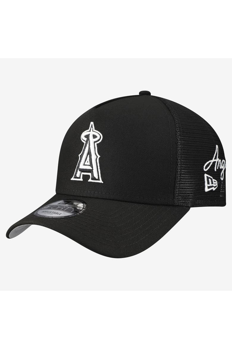 Men's New Era Black Los Angeles Angels Side Script 9FORTY A-Frame Trucker Adjustable Hat, Main, color, Black