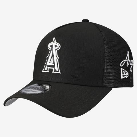 Men's New Era Black Los Angeles Angels Side Script 9FORTY A-Frame Trucker Adjustable Hat