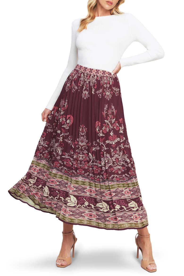 Pleated Midi Skirt, Alternate, color, BURGUNDY