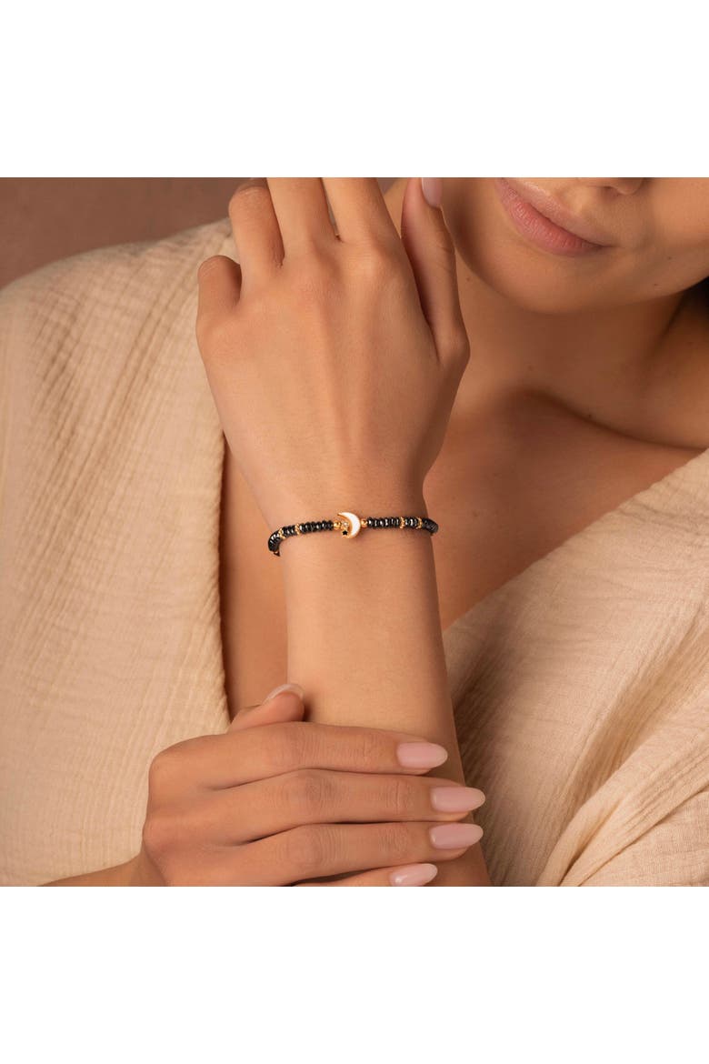 Hematite Moon and Star Charm Women's Beaded Bracelet - Lunar Sanctuary, Alternate, color, Grey/White