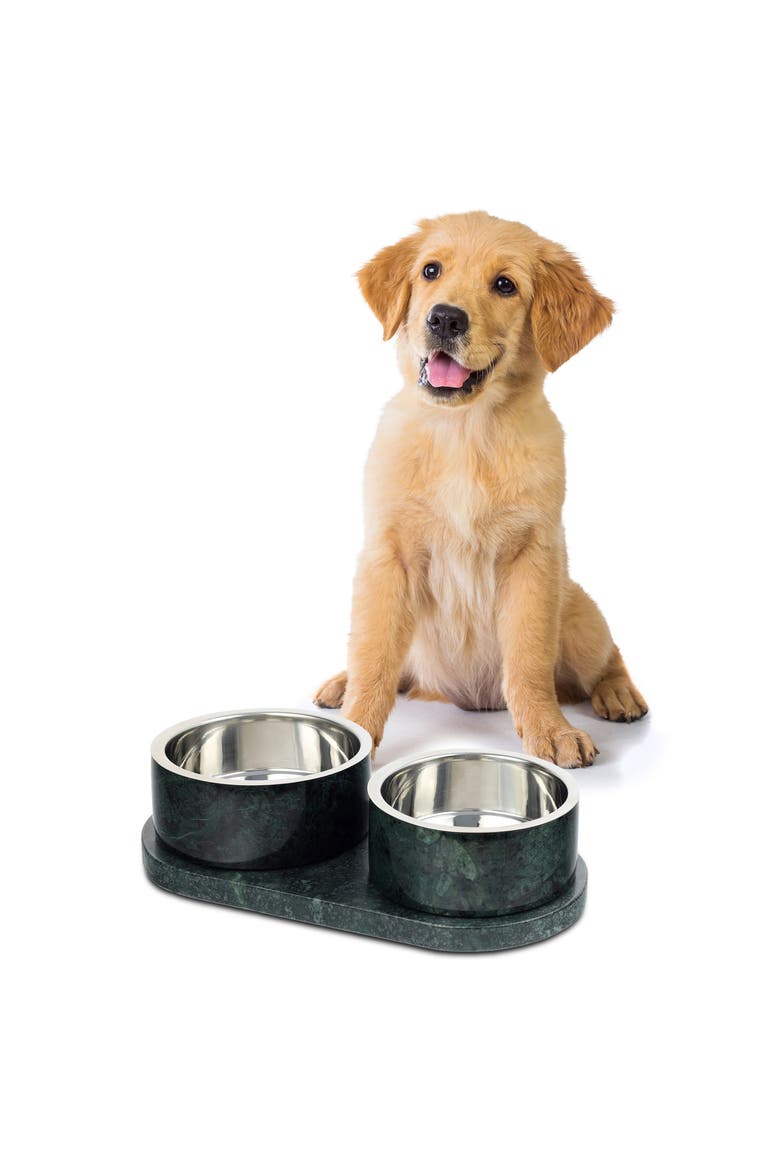Marbre Modern Weighted Double Marble and Stainless Steel Bowl Feeder with Non-Slip Marble Tray Set, Main, color, Green