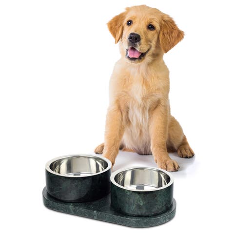 Marbre Small/Medium Modern Weighted Double Marble and Stainless Steel Bowl 12oz (1.5 Cups) Feeder with Non-Slip Marble Tray Set