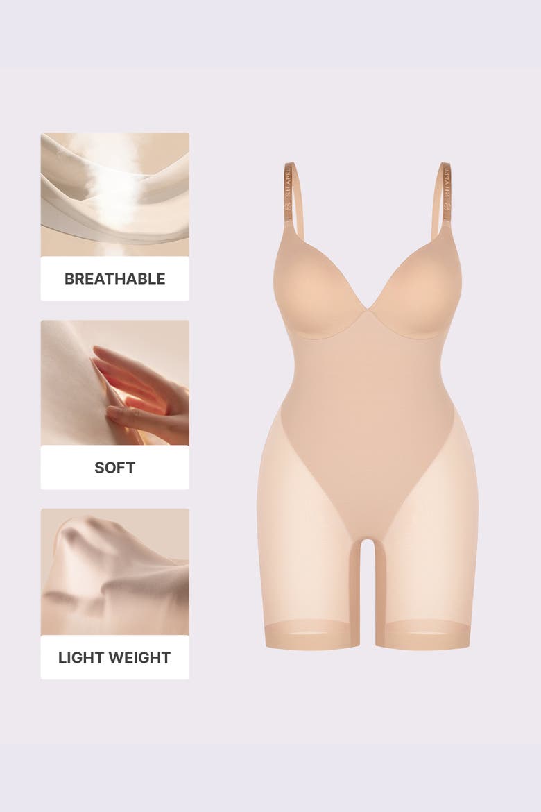Women Body Shaper Low Back Mid-Thigh Bodysuit, Alternate, color, Beige