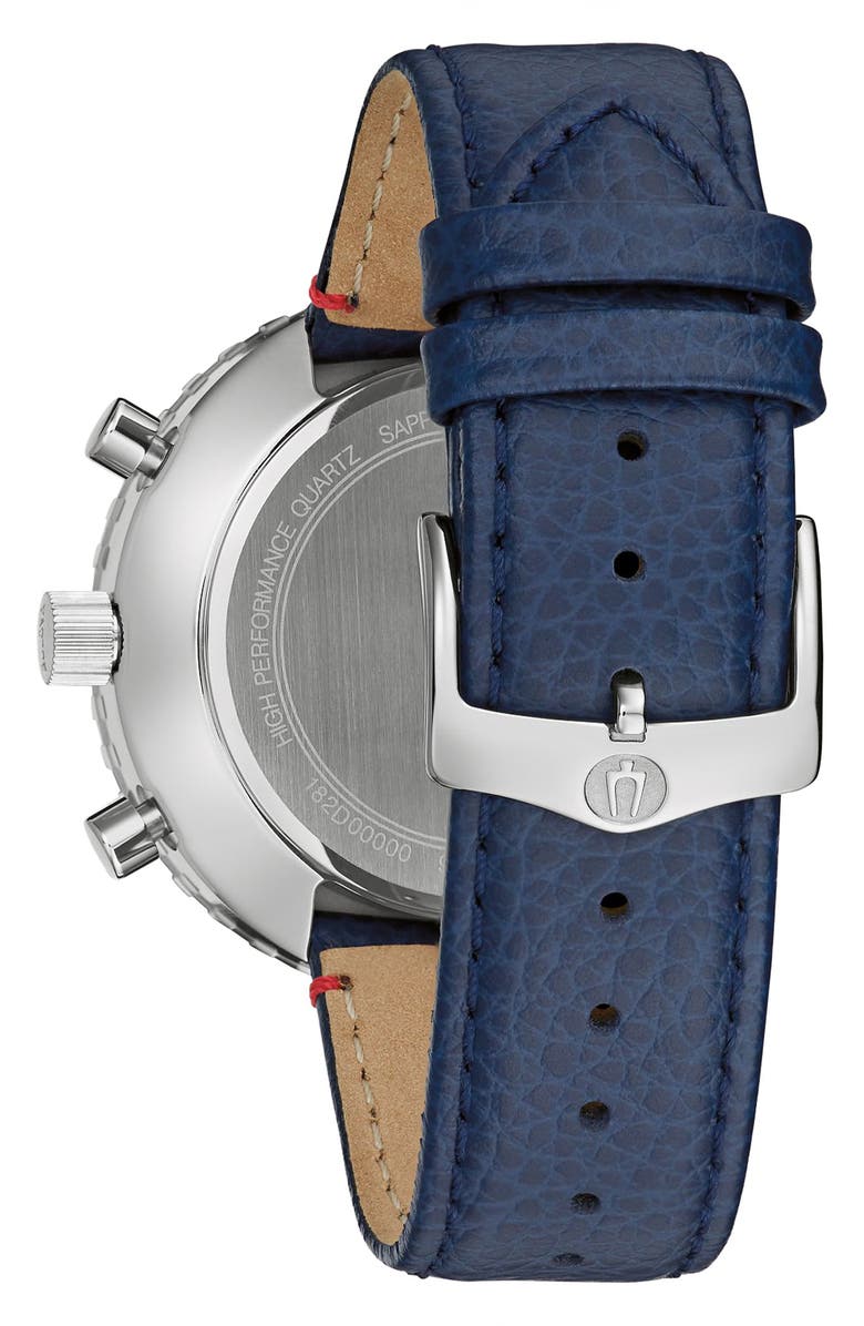 BULOVA Archive Series Chronograph Leather Strap Watch, 46mm, Alternate, color, Blue