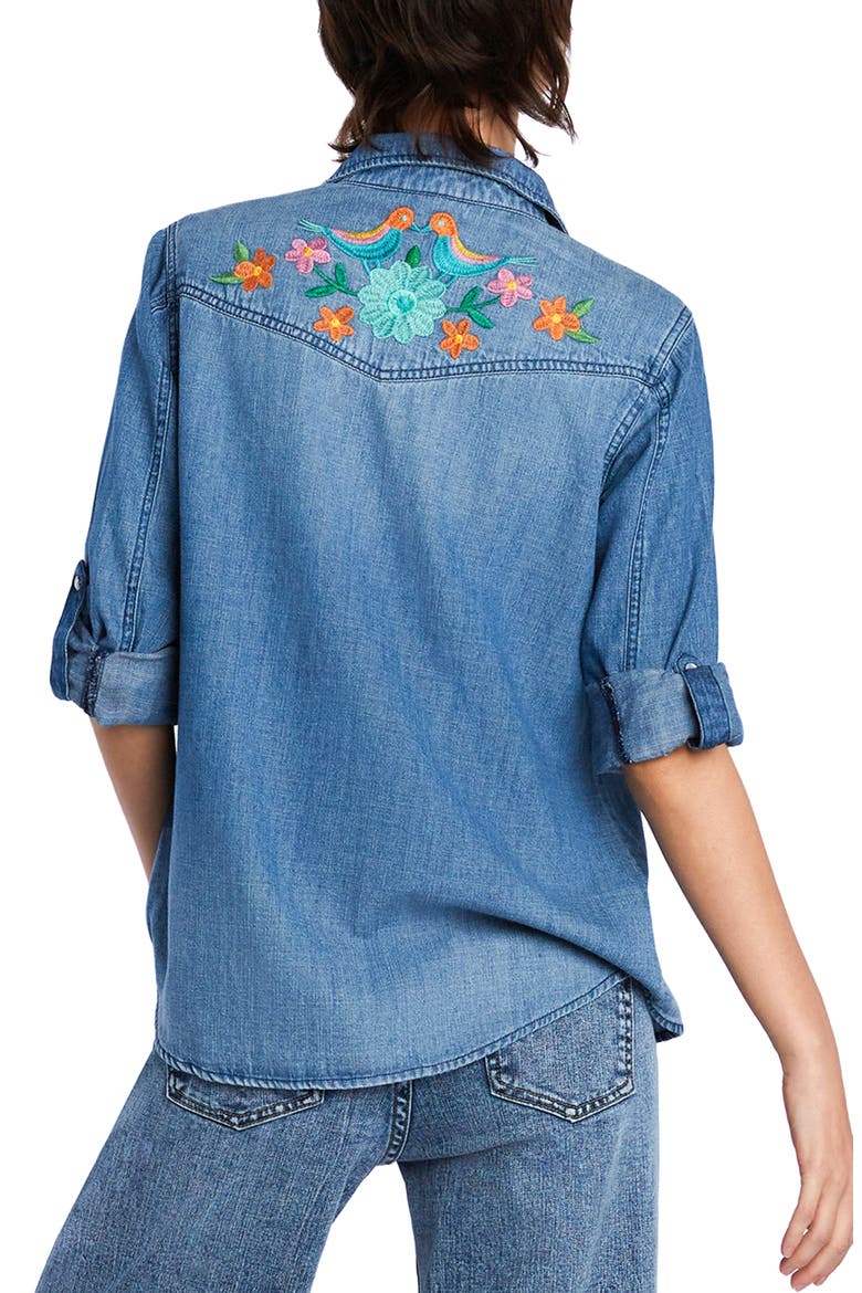 Two Step Floral Embroidered Denim Snap-Up Shirt, Alternate, color, DENIM