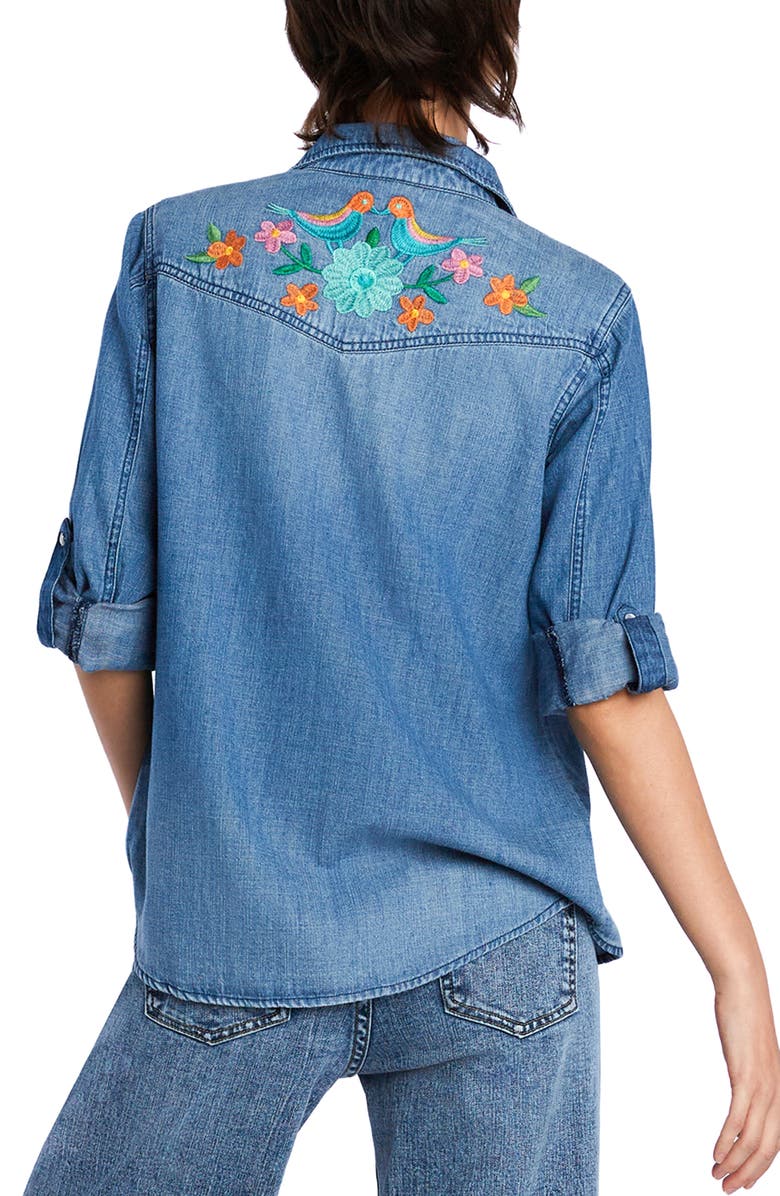 Billy T Two Step Floral Embroidered Denim Snap-Up Shirt, Alternate, color, Denim