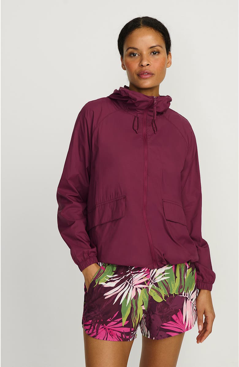 Lands' End UPF Packable Hooded Windbreaker Jacket, Main, color, Burgundy Spritz