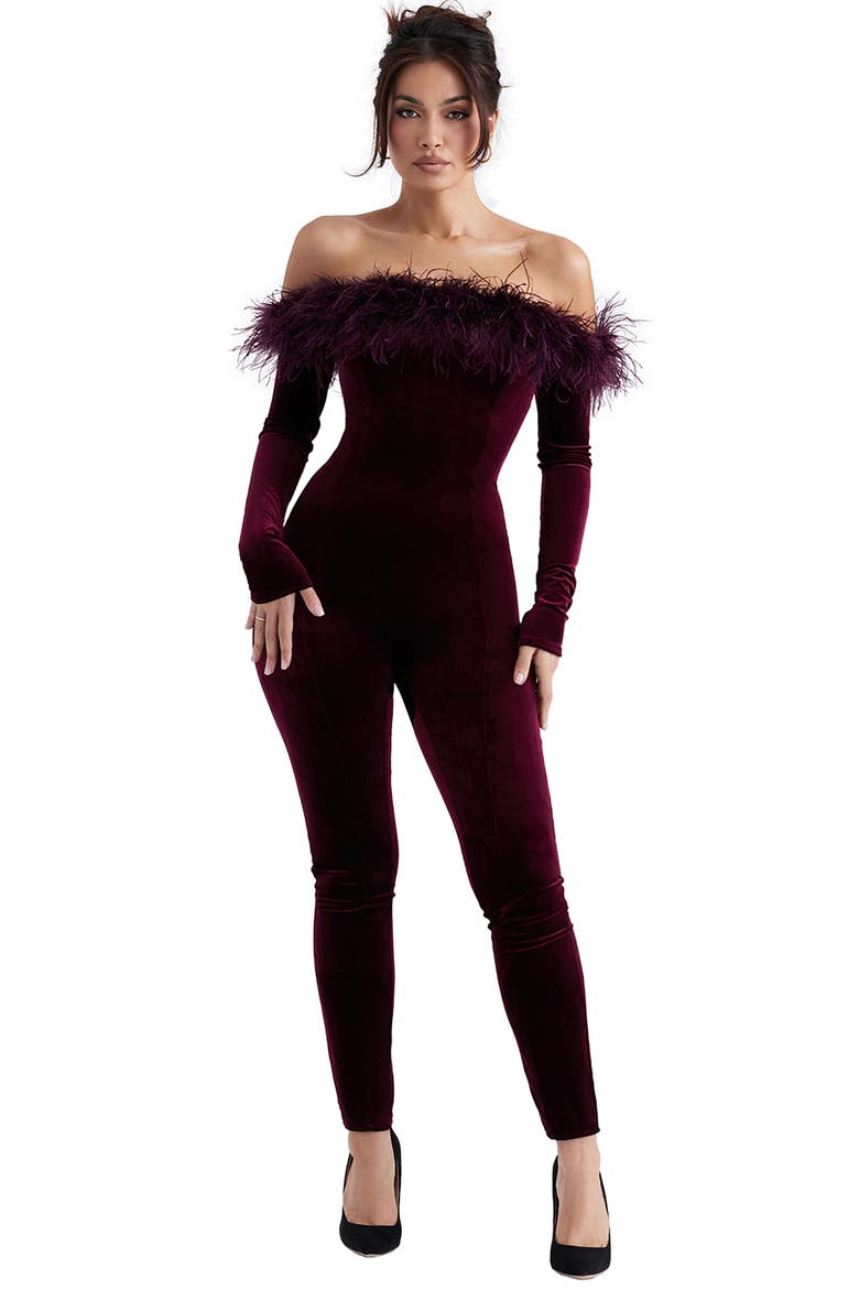 Salima Feather Trim Off the Shoulder Long Sleeve Velvet Jumpsuit, Alternate, color, BROWN CHERRY