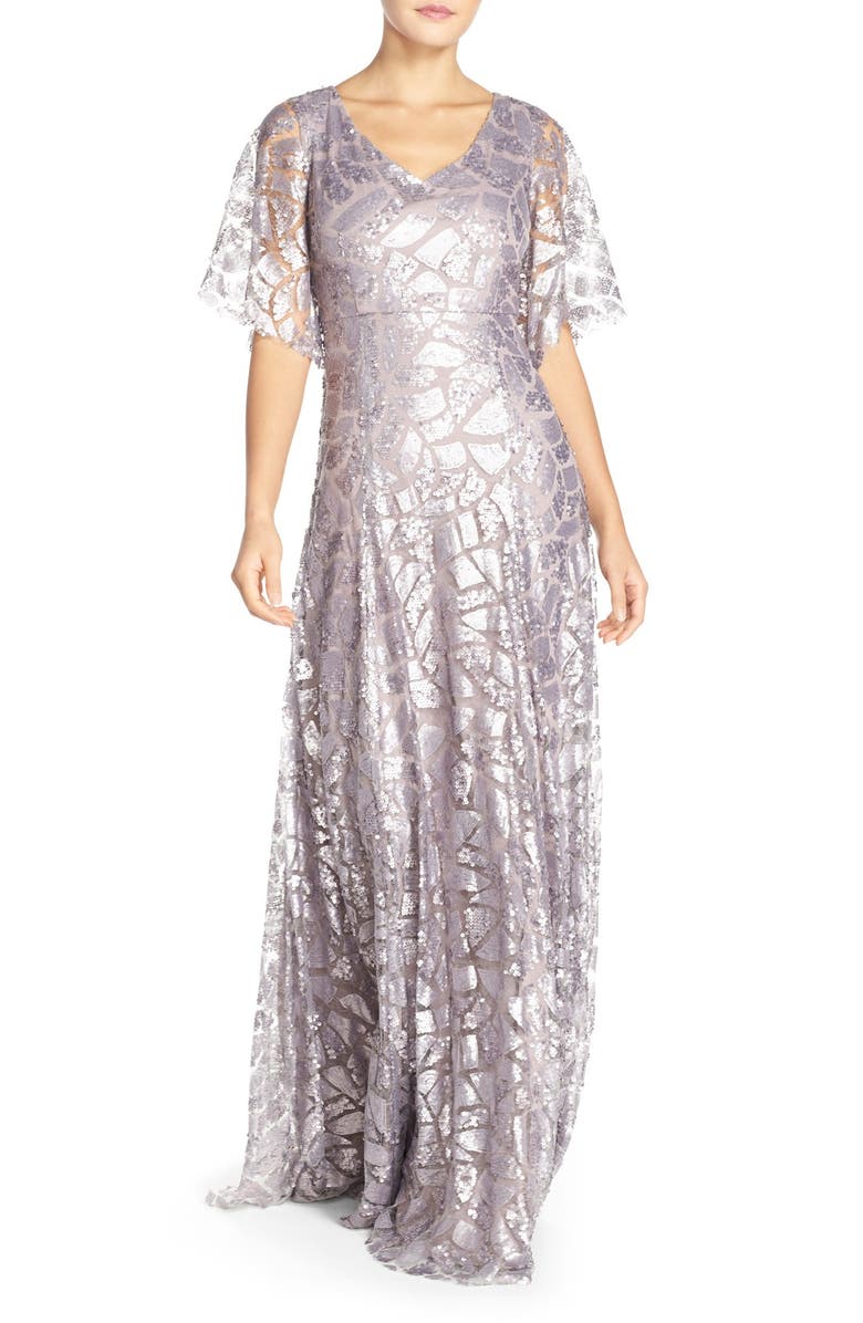 Donna Morgan 'Camilla' Sequin Flutter Sleeve Gown, Main, color, Grey Ridge