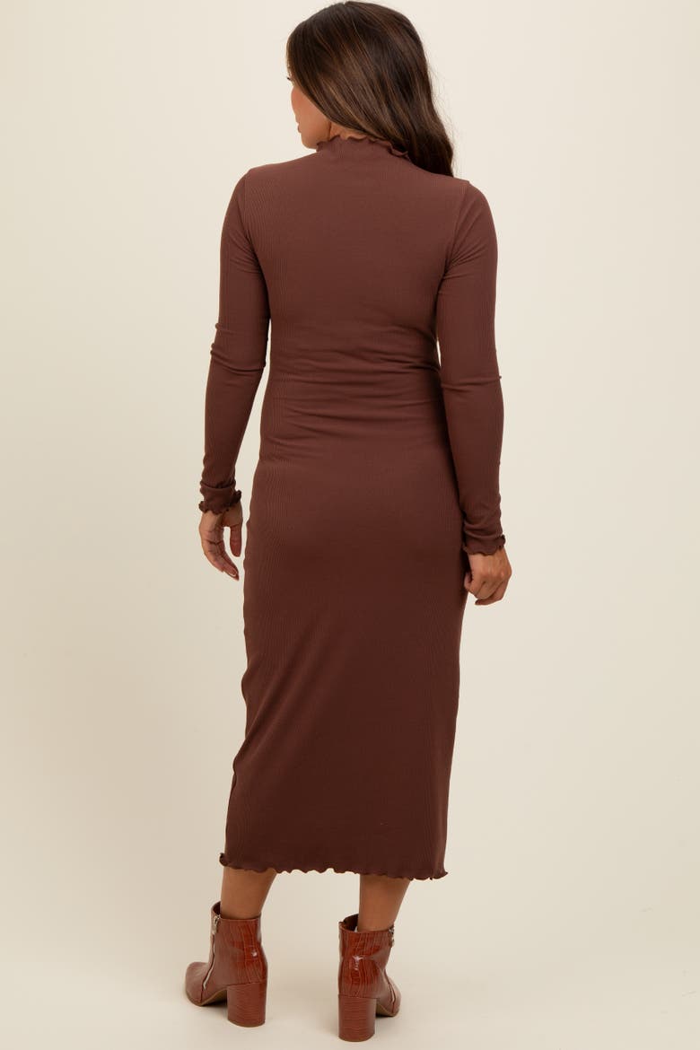 Ruffle Mock Neck Long Sleeve Midi Dress, Alternate, color, Brown