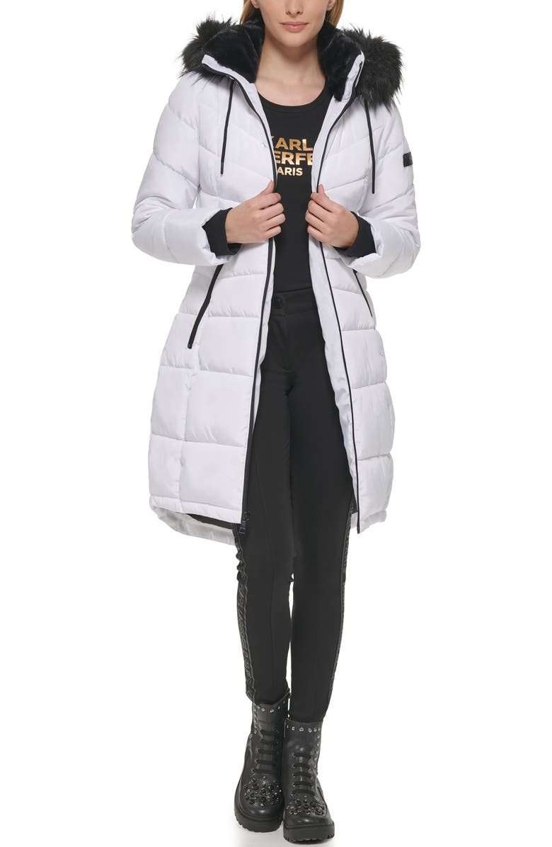 KARL LAGERFELD Apres Ski Faux Fur Trim Hooded Puffer Jacket, Alternate, color, White