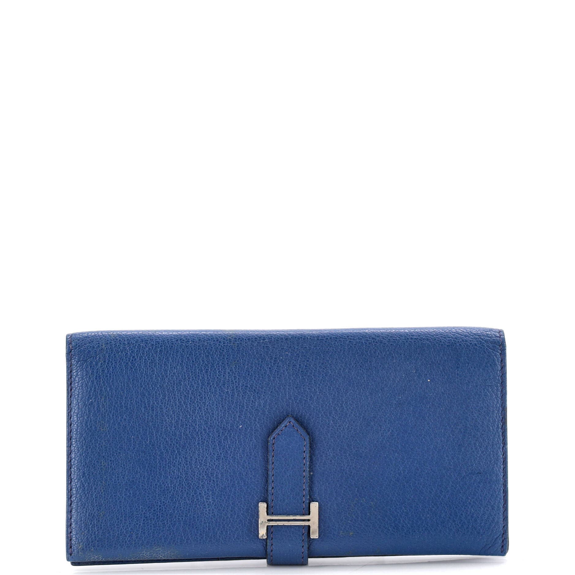 Pre-Owned Hermes Bearn Wallet Chevre Mysore Long, Main, color, Bleu De Malte
