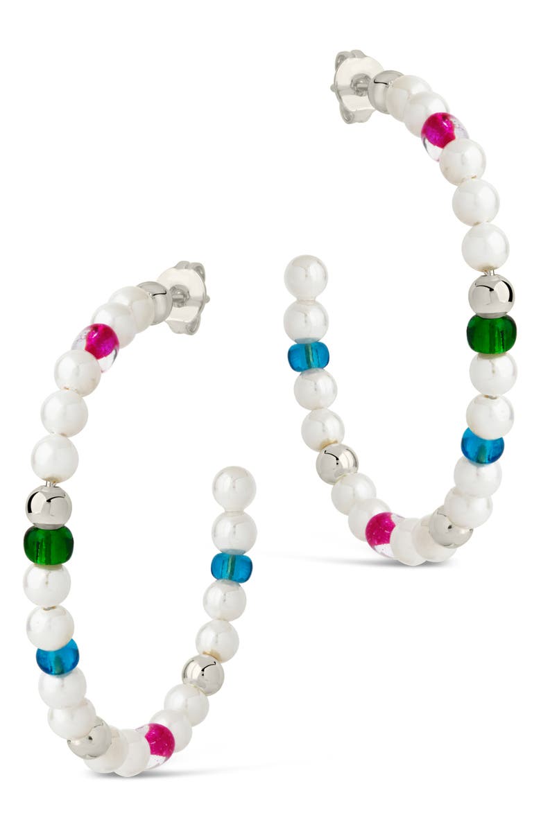 Sterling Forever Polly Cultured Pearl & Bead Hoop Earrings, Alternate, color, Silver