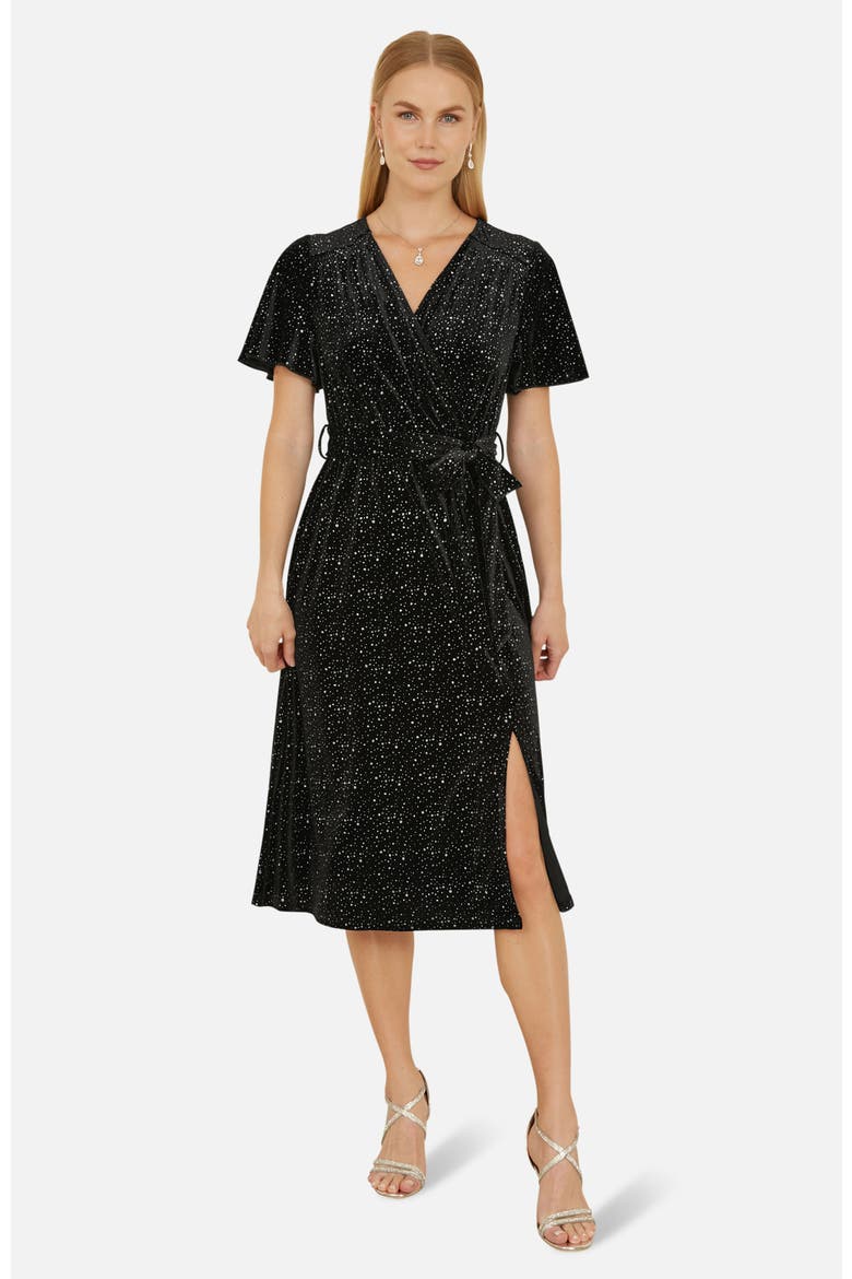 Velvet Sparkle Wrap Midi Dress, Main, color, Black