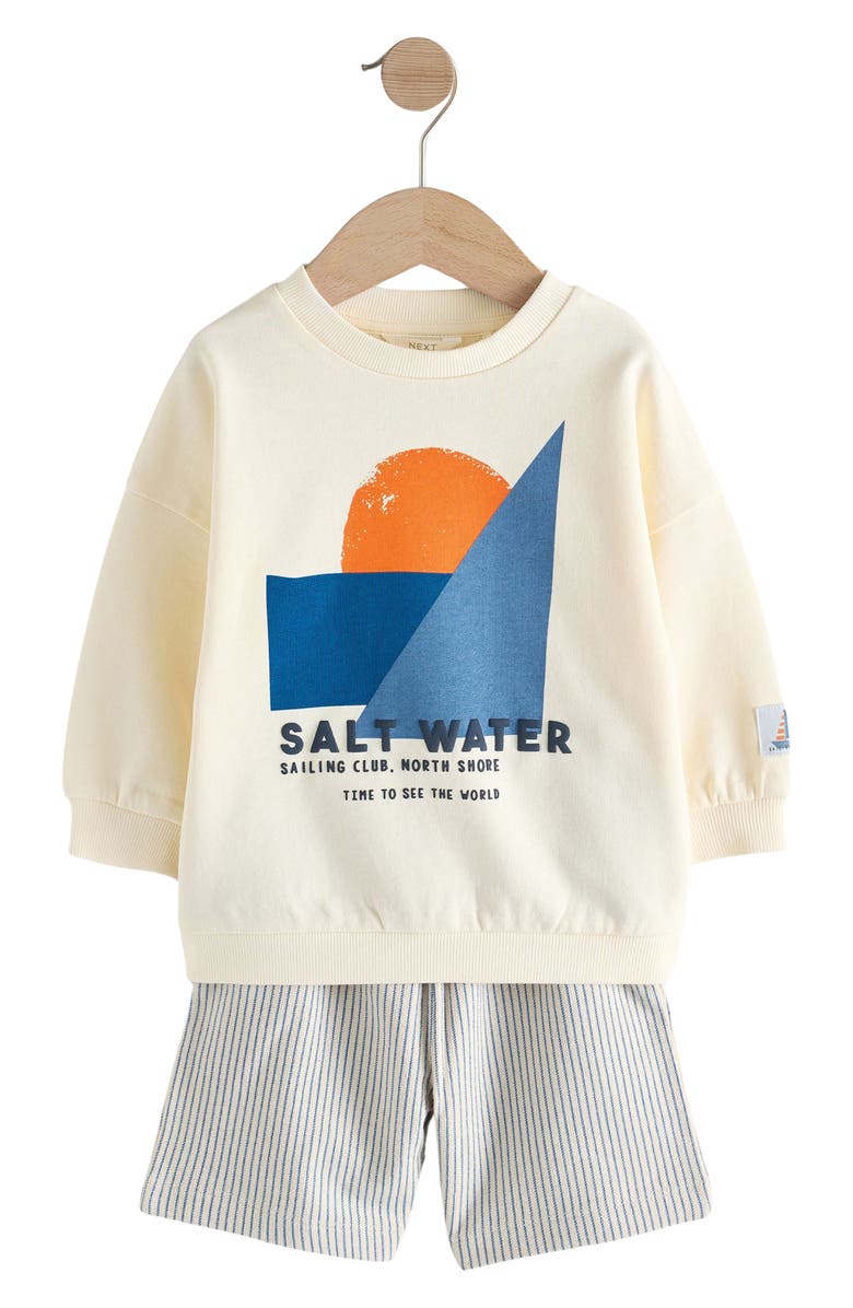 NEXT Kids' Sailing Cotton Graphic Sweatshirt & Striped Shorts Set, Alternate, color, Neutral