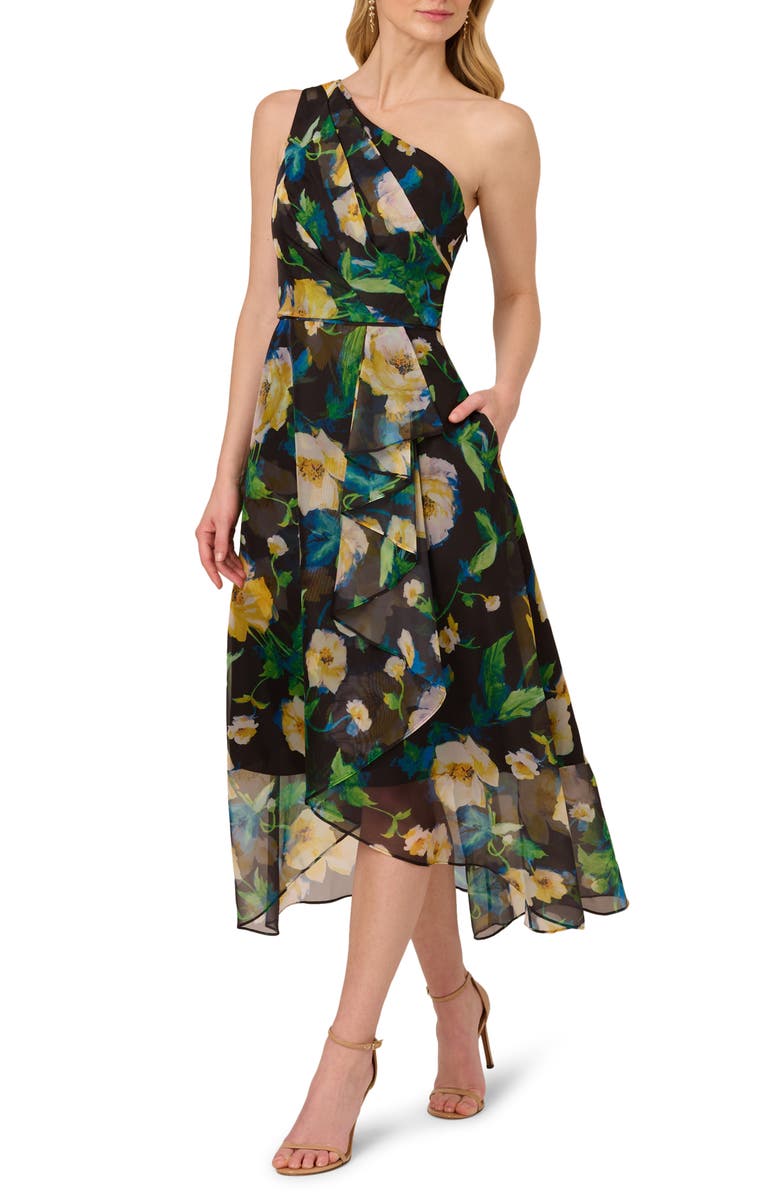 Adrianna Papell Floral One Shoulder Fit & Flare Dress, Main, color, Black Yellow Multi