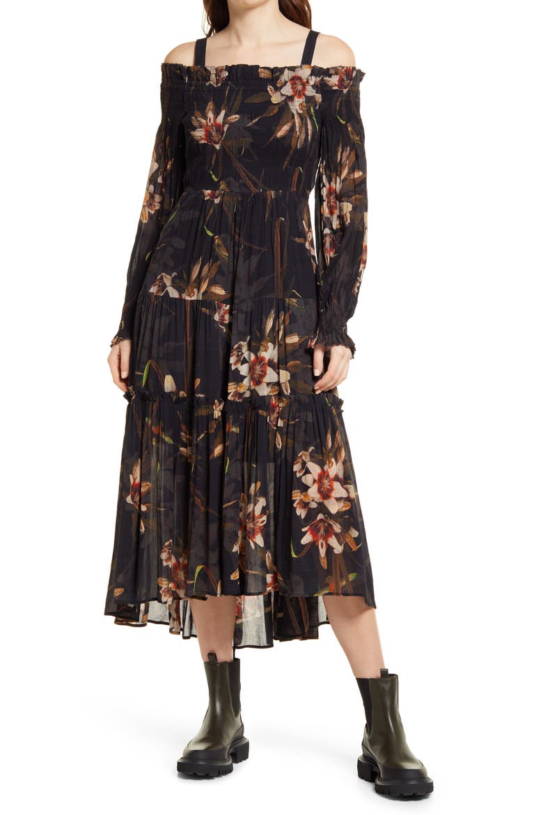 Lillemor Kuroyuri Floral Long Sleeve Midi Dress, Main, color, BLACK