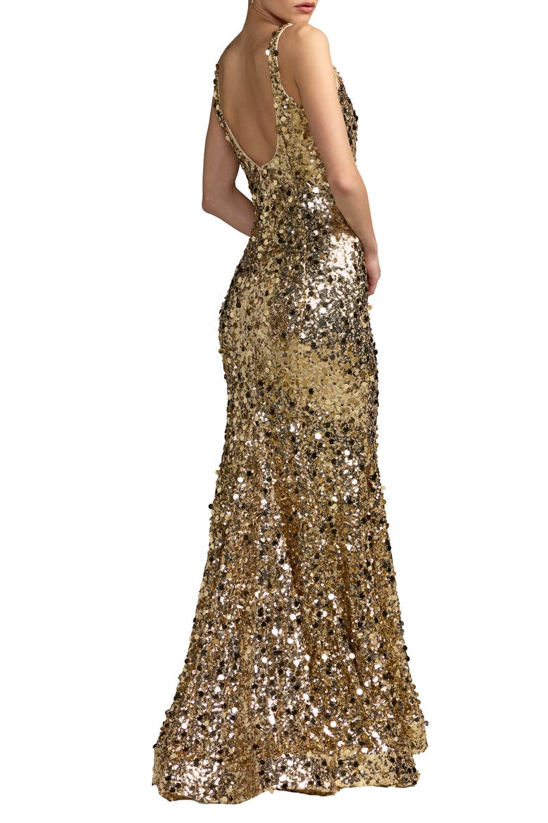 Mixed Sequin Mermaid Gown, Alternate, color, Gold