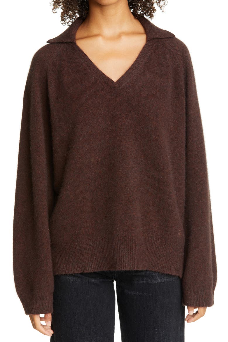 Loulou Studio Oversized Wool Blend Polo Sweater, Main, color, CHOCOLATE