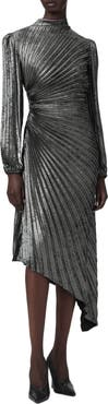 AllSaints Milena Pleated Metallic Midi Dress