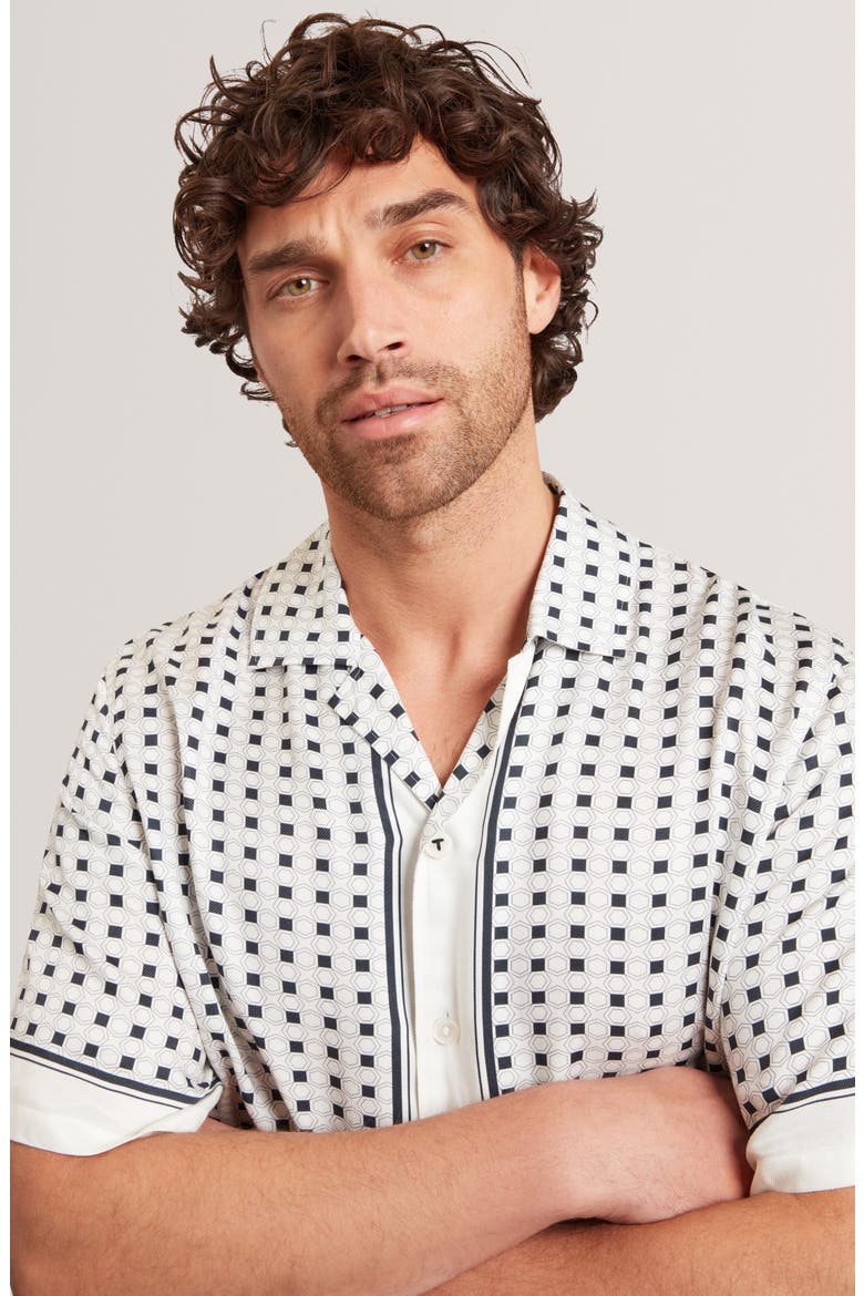 Ferran Geometric Print Cotton & Linen Camp Shirt, Alternate, color, ECRU