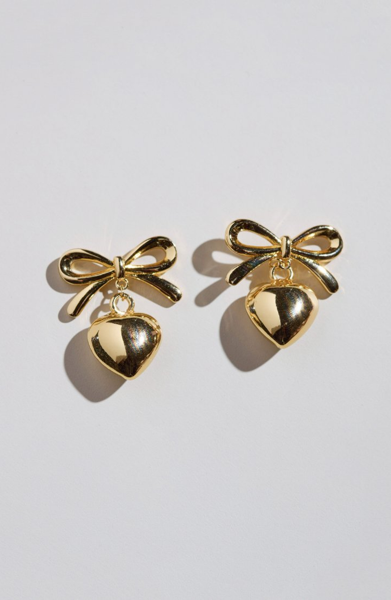 Nickel & Suede Bow & Heart Drop Earrings, Main, color, Gold
