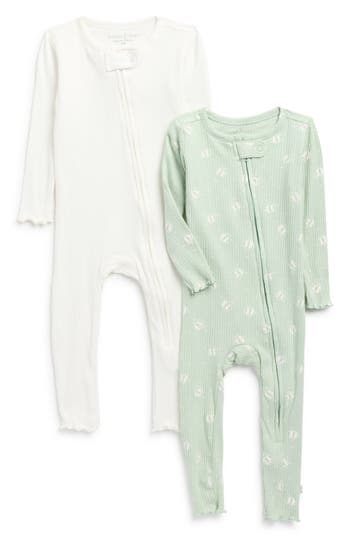 Poppy & Clay Harmony Assorted 2-pack Stretch Organic Cotton Zip Sleeper Rompers In Green
