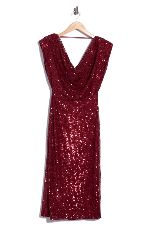 Cowl Neck Sequined Midi Dress