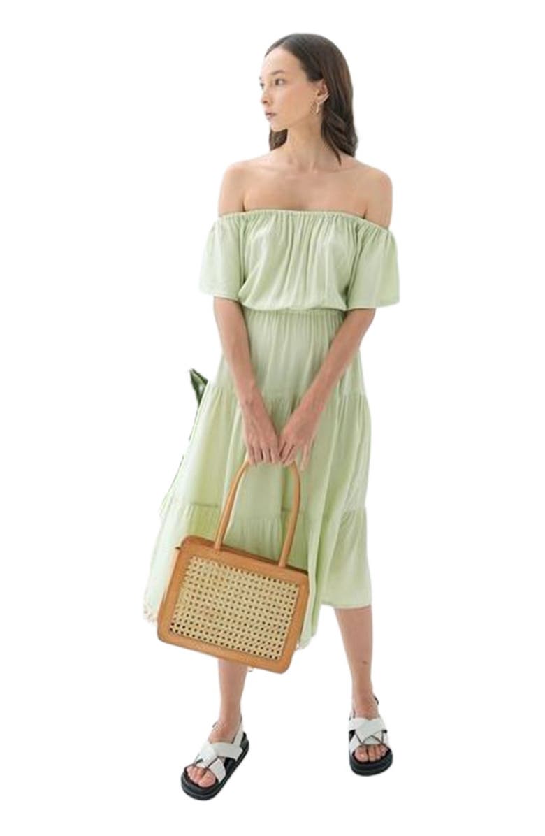 PINK HALEY Regina Off-the-shoulder Midi Dress in Pistachio, Alternate, color, Green