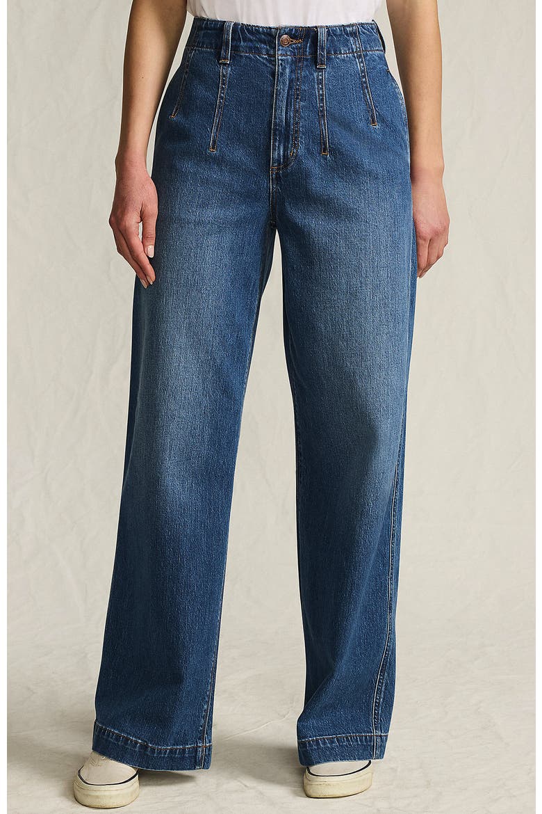 Petite Soft Denim High Rise Wide Leg Top Stitch Trousers, Main, color, Indigo Tide Blue